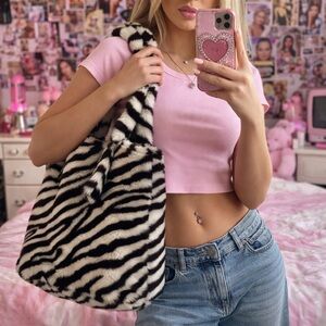 PBteen Zebra Faux Fur Tote Bag Y2K McBling Plush Shoulder Bag 2000s Animal Print